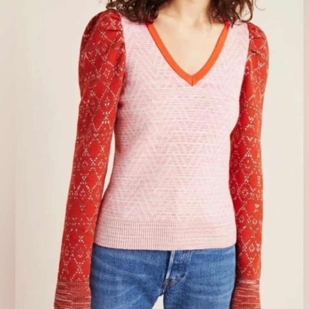 Anthropologie Pink and Red V-Neck Sweater